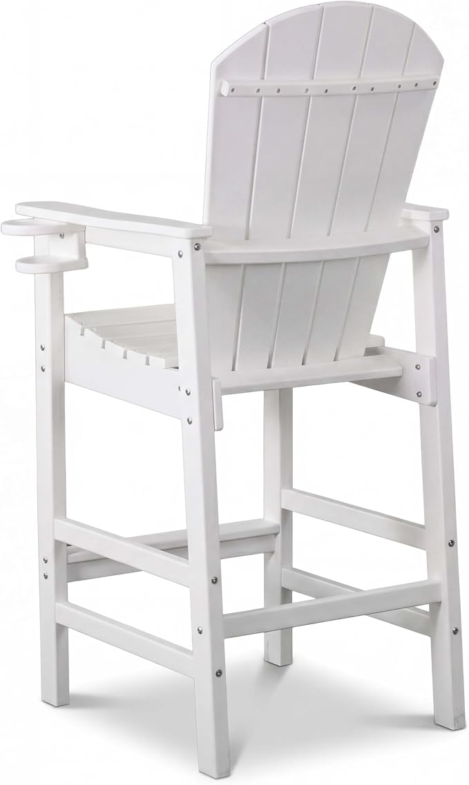 WILLIAMSPACE Patio Bar Chair Bar Stool, Outdoor All Weather HDPE Height Adirondack Chair with Armrests & Cup Holder, 1-Piece Counter Height Chair for Pool, Garden, Kitchen, ONLY Chair (White)