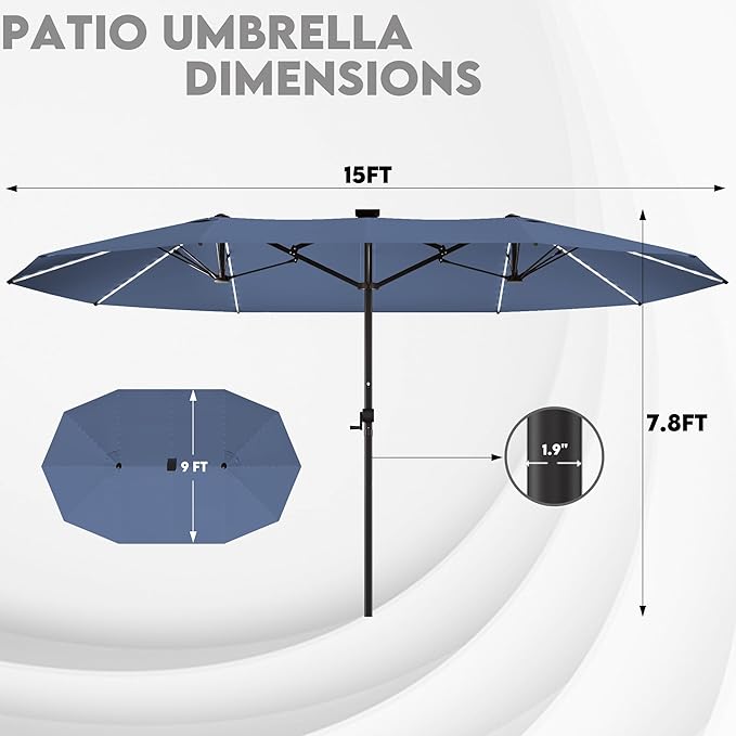 GDPFN 15ft Large Patio Umbrella with Solar Lights, Outdoor Double-Side Rectangular Umbrella, Backyard Pool Umbrella with LED Light for Deck, Outside, Market, Navy (Base Not Include)