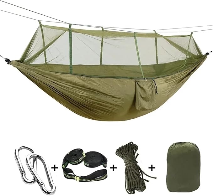 Hammock Camping Hammock with Net, Lightweight Portable Double Parachute Hammocks, High Capacity & Tear Resistance for Backyard,Hiking Camping Essentials (Color : Army Green-6loops)