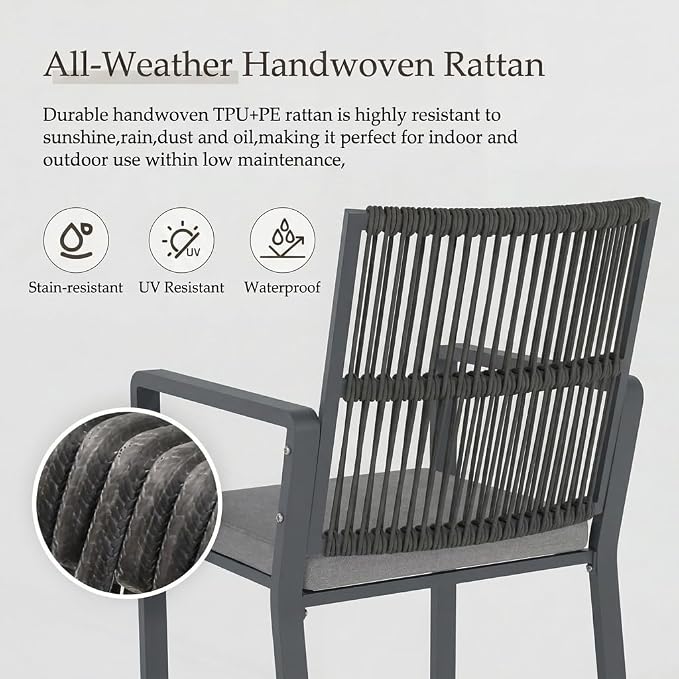 6 Pieces Metal Outdoor Dinning Set Featuring 2 Tables and 4 Ratten Chairs Waterproof and Rust-Proof Courtyard Style Table Garden Balcony Poolside, Dark Gray 6 Pcs