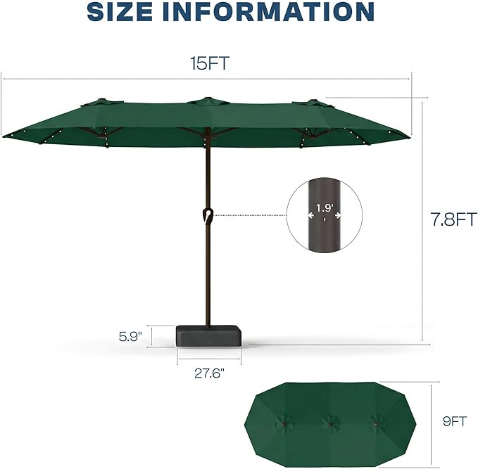 15FT Patio Umbrella with Solar Lights, Double-Sided Extra Large Outdoor Table Umbrella with Base Included, Heavy-Duty 12 Iron Ribs Market Umbrella for Garden, Pool, Backyard, Forest Green