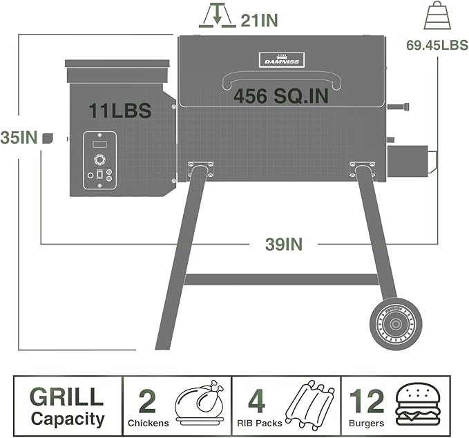 DAMNISS Wood Pellet Grill & Smoker 8-in-1 Pellet Grill with Automatic Temperature Control, & Rain Cover 456 Sq in Area for Backyard Camping Outdoor
