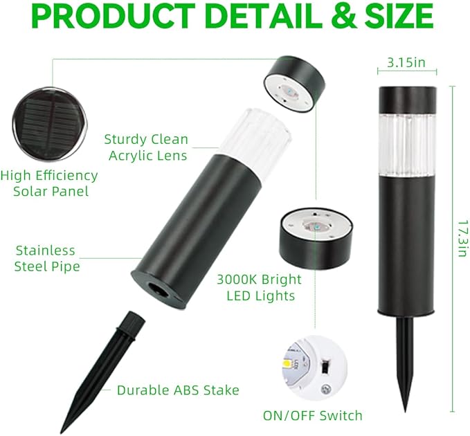 Solar Pathway Lights Outdoor Waterproof, 6 Pack Stainless Steel LED Stake Lights 35 Lumens 3000K, IP65 Auto On/Off Solar Yard Lights for Driveway, Walkway, Backyard, Perimeter Landscape Lighting