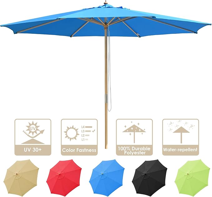 13ft Outdoor Table Umbrella, Market Umbrella, 13Ft XL German Beech Wooden Patio Umbrella, Outdoor Patio Umbrella for Beach Yard Garden Wedding Cafe Garden