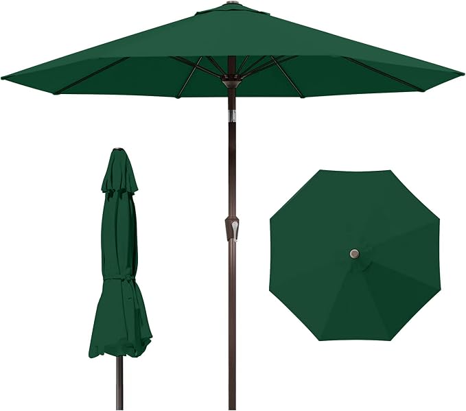 9ft Patio Umbrella with Push Button Tilt and Crank,Outdoor Market Table Umbrella UV Protection 8 Sturdy Ribs for Backyard,Garden,Pool,Deck(Dark Green)