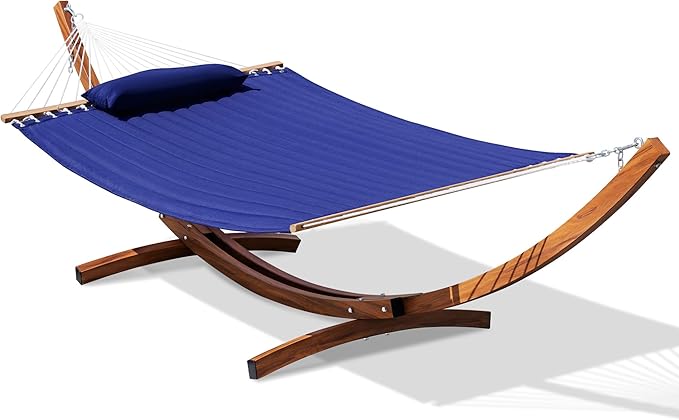 Lazy Daze Hammocks 12 FT 2 Person Double Quilted Hammock with Curved Steel Heavy Duty Stand and Pillow for Outside, Backyard, Patio, 450 Lbs Capacity, Blue