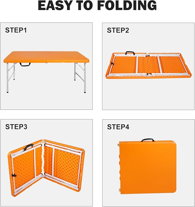 Portable Plastic Folding Table 4ft/6ft/8ft Heavy Duty White-Orange Picnic Dining Table Fold-in-Half for Camp Party Kitchen Indoor Outdoor
