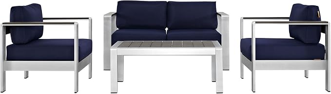 Modway Shore 4-Piece Aluminum Outdoor Patio Furniture Set in Silver Navy