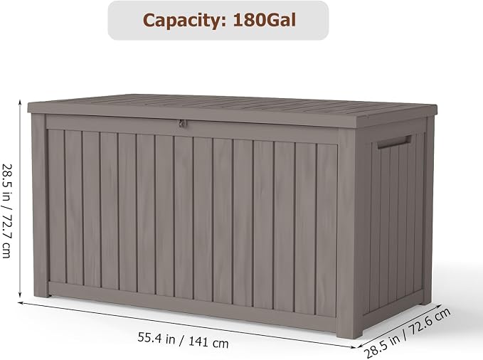 180 Gallon Outdoor Deck Boxes, IP68 Waterproof Outdoor Storage Box with Hydraulic Lid Support, Outside Resin Container for Furniture, Toy, Shoe, Garden & Patio Tools Storage -Brown