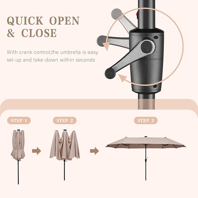 13 ft Patio Umbrella with 36 LED Lights, Large Rectangle Outdoor Solar Umbrella with Matching Base, Strap, Crank, Khaki