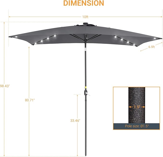 Rectangle Patio Umbrella with Solar Lights, 10 x 6.5ft Rectangular Outdoor Umbrella Table Market Patio Umbrella with Push Button Tilt and Crank for Garden, Deck, Backyard, Pool