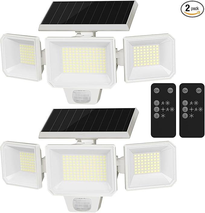 Solar Motion Sensor Lights with Remote Control, IP65 Waterproof LED Solar Wall Lights, Solar Flood Security Light with 3 Modes for Porch Garage Garden Yard Patio (White, 2 Pack)