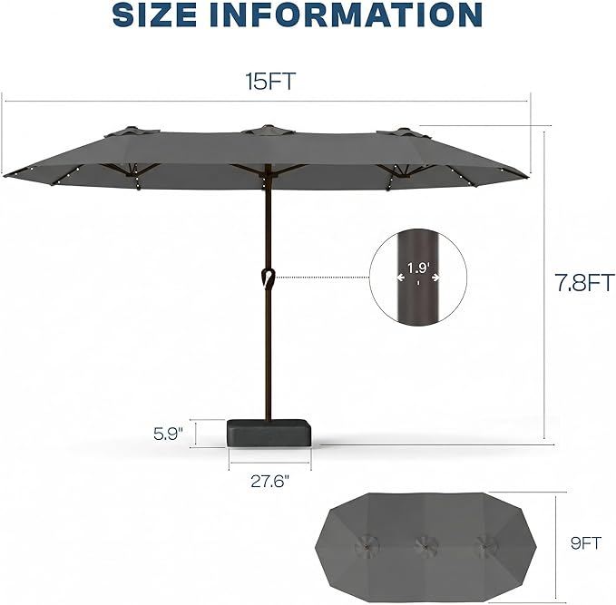 15FT Patio Umbrella with Solar Lights, Double-Sided Extra Large Outdoor Table Umbrella with Base Included, Heavy-Duty 12 Iron Ribs Market Umbrella for Garden, Pool, Backyard, Gray