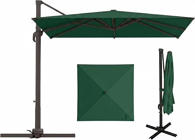 9x9 FT Square Cantilever Umbrella,Easy Tilt, Fade Resistant & 360° Rotation, Offset for Pool Deck Backyard Patiodark green (Base not Included)