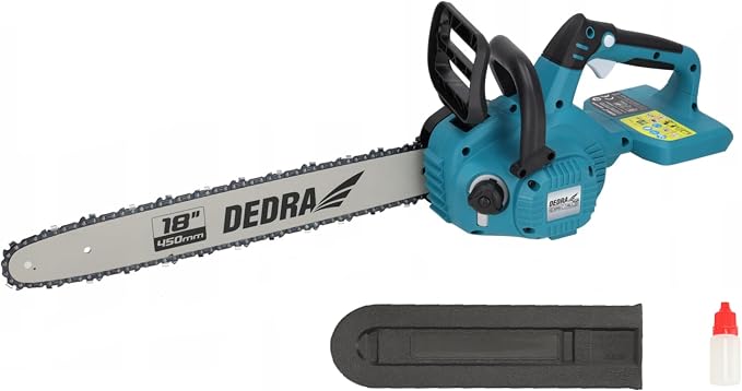 DEDRA Cordless Chainsaw 18 Inches, 2 x 18 V, Guide Rail 18 Inches, Double Power Supply, with Safety Brake, Brushless Motor, Tool-Free Chain Tension, without Battery/Charger