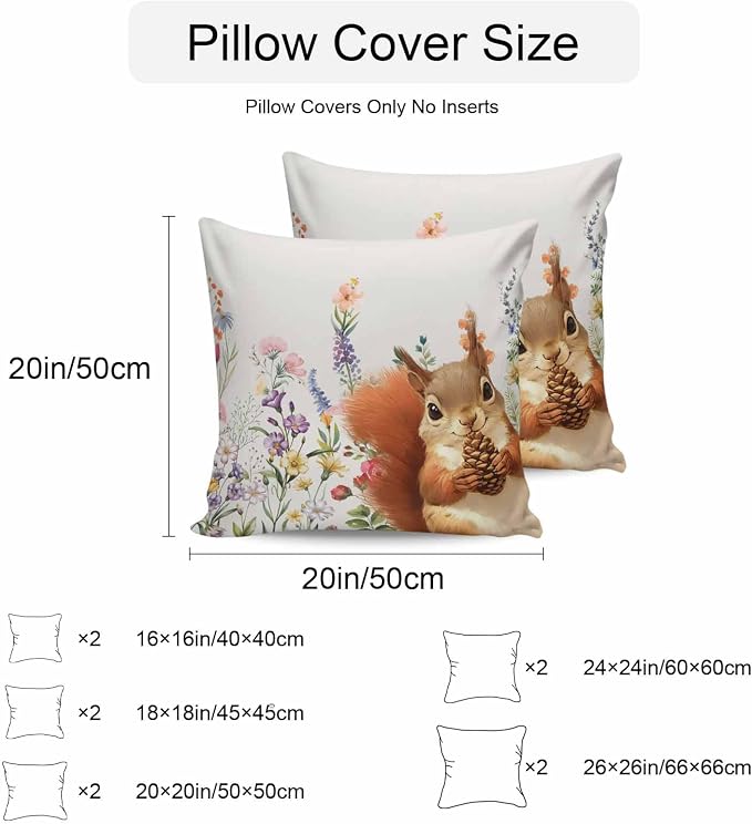 Fall Squirrel Waterproof Outdoor Pillow Covers Set of 2 Home Decor, Botanical Watercolor Flower Leaf Plant Pillowcase Patio Pillow Covers for Couch Bench Furniture Garden 24x24in