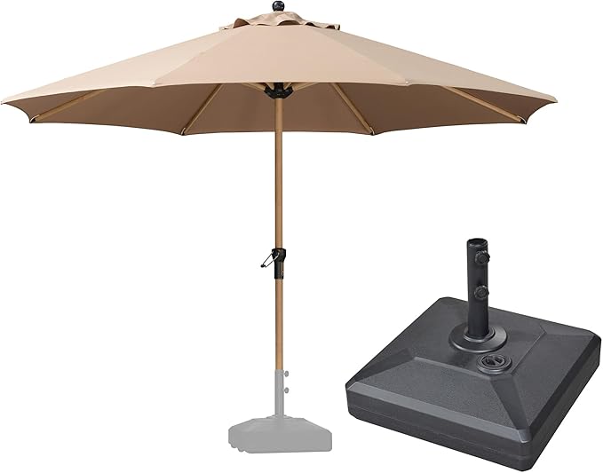 PURPLE LEAF 11 Feet Patio Umbrella with Base Round Outdoor Table Umbrella Aluminum Market Umbrella with with 8 Sturdy Ribs and Crank Outdoor Umbrellas for Lawn Garden Patio, Taupe