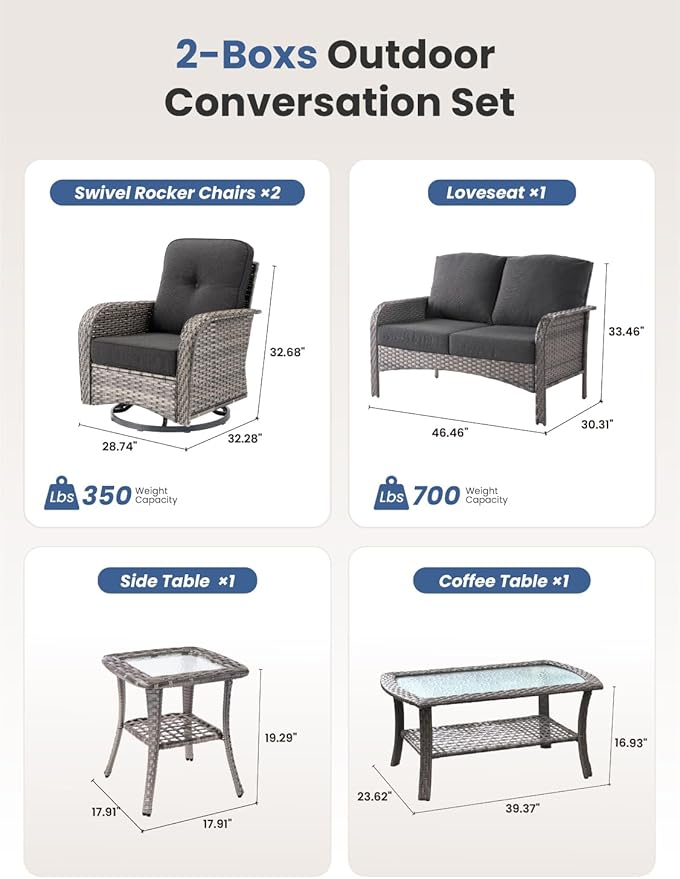 5-Piece Outdoor Patio Furniture Set with Swivel Chairs, Outdoor Conversation Wicker Sofa with Coffee Table, Rattan Couch for Deck Yard Poolside, Black