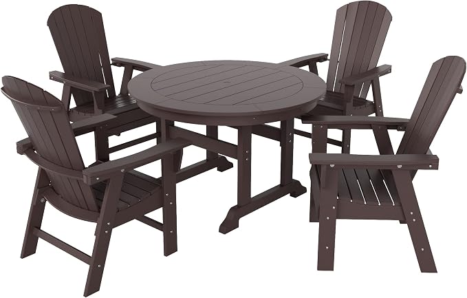WestinTrends Dylan Adirondack Outdoor Dining Set for 4, All Weather Poly Lumber Patio Table and Chairs Set of 4, 47" Trestle Round Dining Table and Seashell Adirondack Dining Chair, Dark Brown