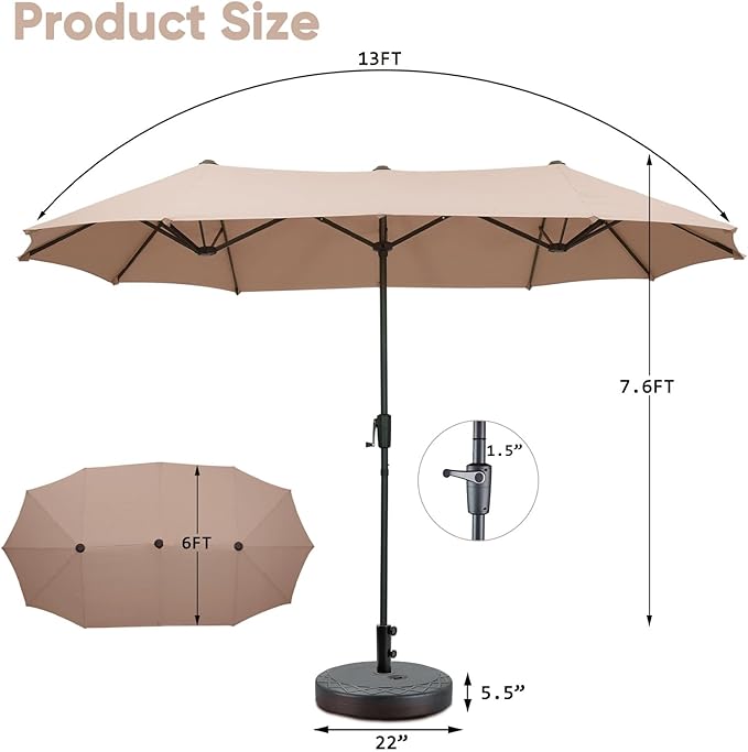 13Ft Large Patio Umbrella with Base Outdoor Double-Sided Market Extra Large Table Umbrella Easy Crank for Yard, Poolside, Deck-Khaki