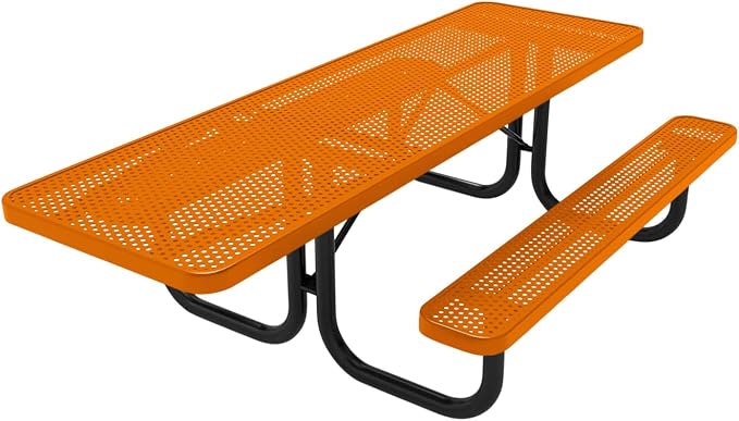 COATEDOUTDOORFURNITURE Heavy-Duty Portable ADA-Compliant Outdoor Picnic Table, Punched Steel Patio Dining Furniture Made in America (8ft Rectangular, One-Side Handicap, Textured Orange)