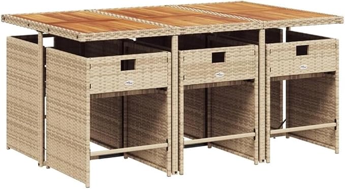 Afuera Living 7-Piece Poly Rattan Patio Dining Set, Brown Finish, Includes Acacia Wood Table and 6 Cushioned High-Back Chairs, Foldable Design, Weather-Resistant, Modern Style Outdoor Furniture for