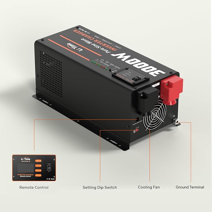 LiTime 3000W Pure Sine Wave Inverter Charger, 12V DC to 120V AC Solar Controller, 9000W Peak Power, UPS Function, 5A - 45A Adjustable Current, LCD Remote Control, for RV, Home Backup, Truck, Boat