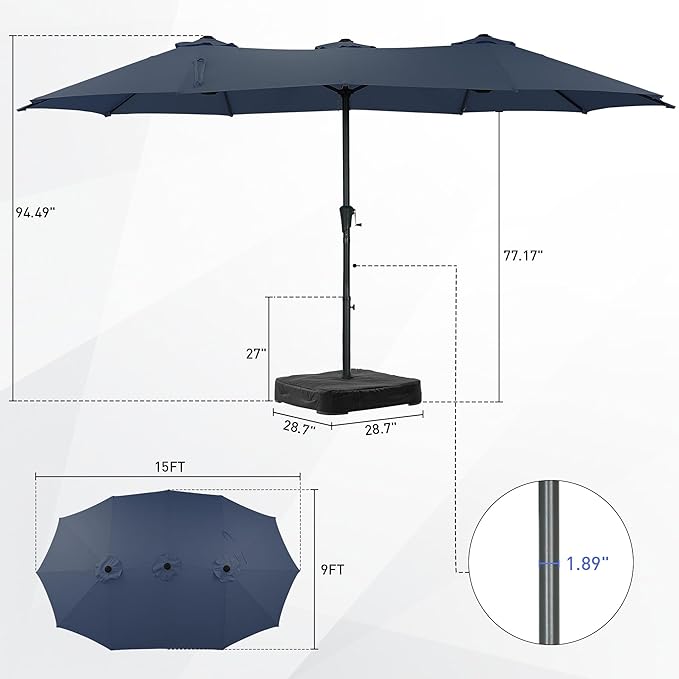 15 ft Patio Umbrella with Base, Large Rectangle Outdoor Umbrella with Matching Stand, Strap, Crank, Navy Blue