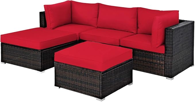 COSTWAY 5-Piece Outdoor Patio Furniture Set, PE Rattan Sectional Conversation Set with Cushions and 2 Ottomans for Garden, Deck, Backyard (Red)
