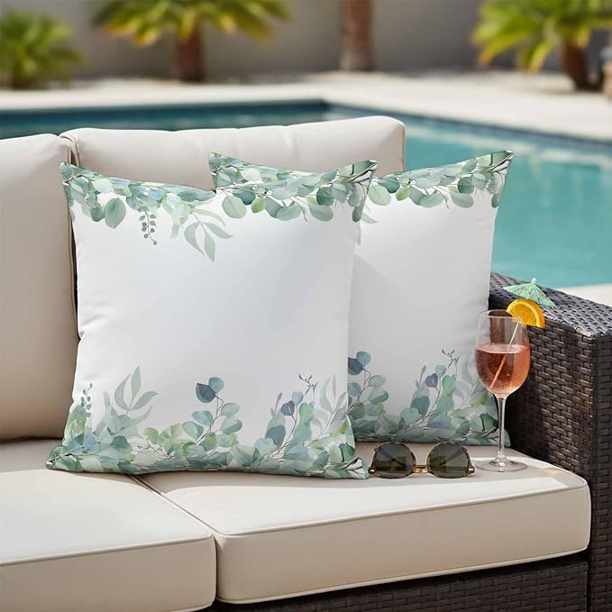 Spring Green Leaf Outdoor Waterproof Throw Pillow Covers Set of 2, 20"x20", Eucalyptus Leaves Watercolor Plants Decorative Pillow Covers Outside Cushion Case for Patio Porch Garden