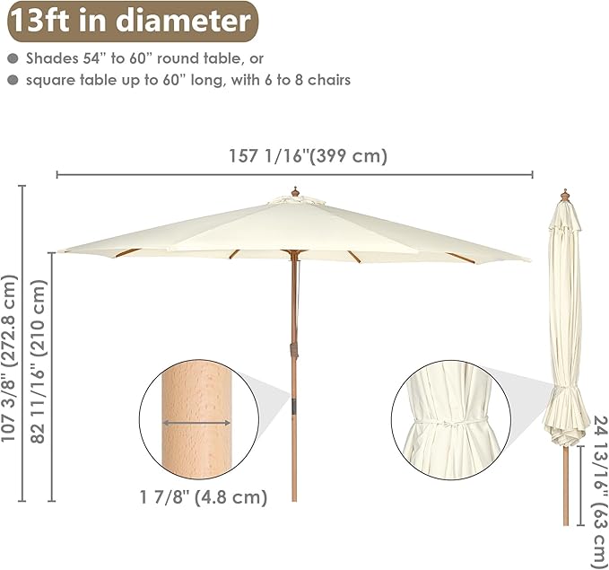 Yescom 13ft Coastal Solid Beech Wood Umbrella Pulley Lift Commercial Base with Wheel Included for Beach Club Seaside Restaurant Terrace Resort Poolside