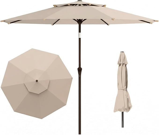 Outdoor Patio Umbrella, 2 Tiers Market Table Umbrella with 8 Sturdy Ribs, Push Button Tilt and Crank, UPF50+ UV Protection for Deck, Pool, Garden and Backyard
