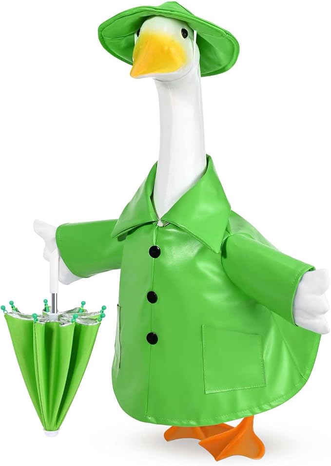 Raincoat Goose Outfit Porch Goose Summer Outfit Yard Goose Raincoat Clothes with Umbrella Hat Fits 23" Outdoor Garden Lawn Patio Geese Statue for Spring Summer Seasonal Decor(Green)