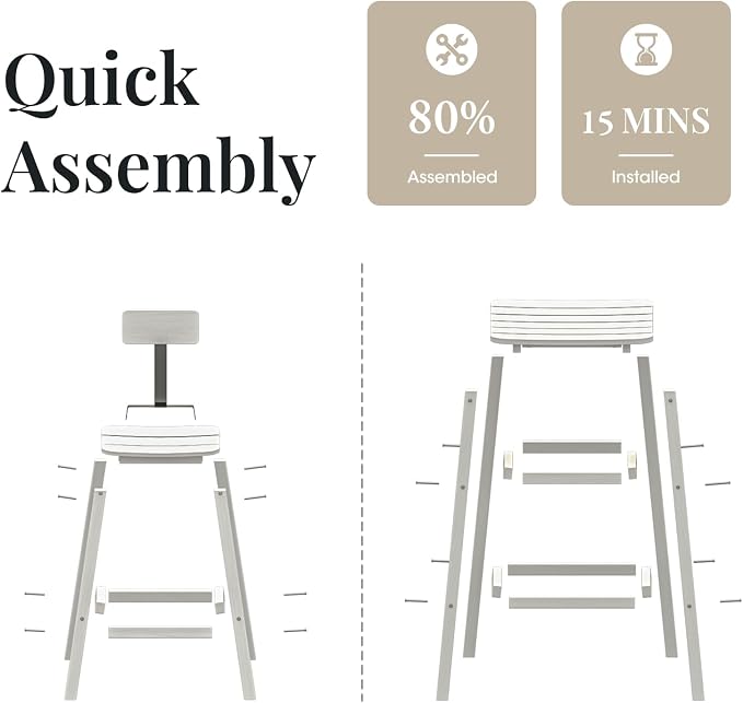 Bar Height Chairs Set of 2, HDPE Front Porch Chairs Set, Weather Resistance Outdoor Bar Stools Set for Spas, Cafes, Swimming Areas, Lodges and Hotels - White