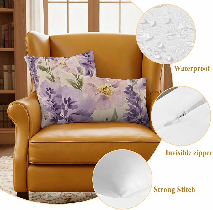 Spring Flowers Outdoor Waterproof Throw Pillow Covers Set of 2, 20"x12", Lavender Leaf Purple Floral Vintage Decorative Pillow Covers Outside Cushion Case for Patio Porch Garden