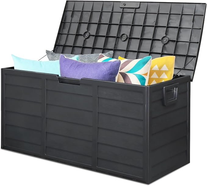 75 Gallon Outdoor Storage Deck Box with Wheels, Lockable Plastic Garden Storage Chest, Polypropylene Resin, Waterproof UV-Resistant, 44 x 21.3 x 19.3 Inches, Black