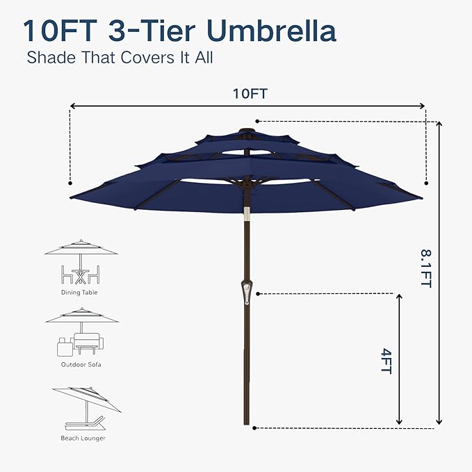 10FT Patio Umbrella 3 Tiers Outdoor Market Umbrella w/Push Button Tilt, Crank, UV and Waterproof Table Umbrella for Garden, Pool, Backyard, Deck, Lawn, Navy Blue