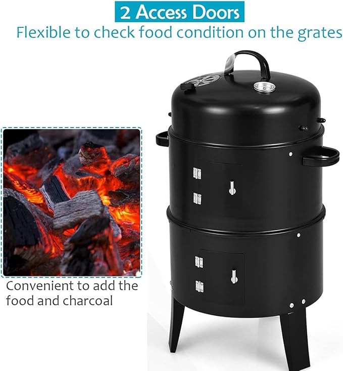 Giantex 3-in-1 Charcoal BBQ Smoker, Outdoor Grill Cooker with Built-in Thermometer and 6 Hooks for Outdoor Backyard Cooking Grilling Camping