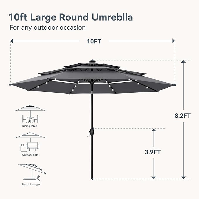 PHI VILLA 10ft Patio Umbrella with Light, Outdoor Large Auto-Tilt 3 Tier Market Table Umbrellas with 8 Sturdy Ribs and 1.5" Pole for Lawn Poolside Garden Terrace,Grey