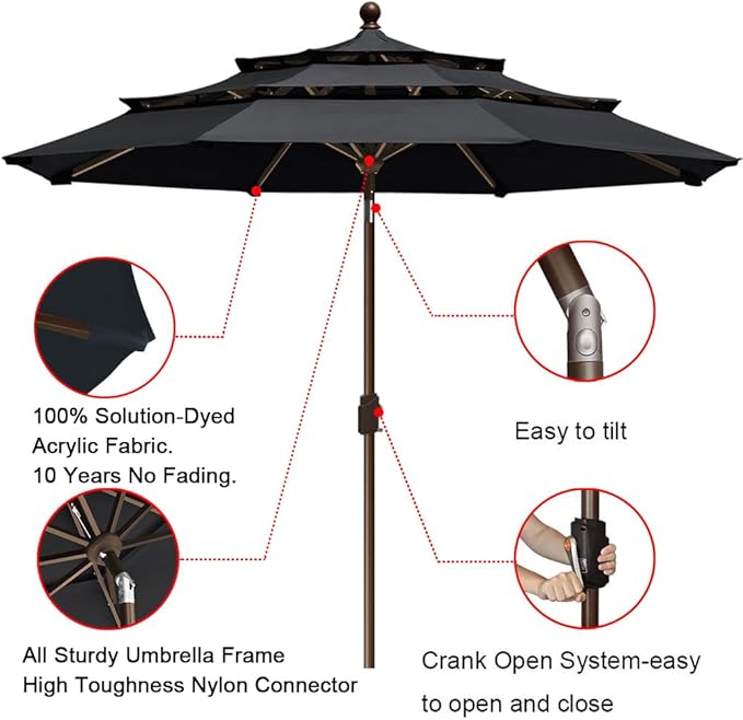 EliteShade USA 10-Year-Non-Fading 9ft 3-Tier Market Patio Umbrella, Commercial Grade Outdoor Table Umbrella with Crank Open, Windproof & UPF 50+ UV Protection, Heavy Duty Ventilation for Garden, Deck, Pool, Backyard, Beach & Bistro, Black