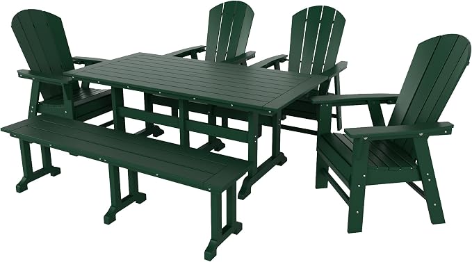 WestinTrends Malibu 6 Piece Adirondack Patio Dining Set with Bench, All Weather Poly Lumber Outdoor Table and Chairs, 71" Trestle Dining Table, 4 Adirondack Chair with Dining Bench, Dark Green