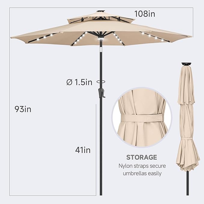 FLAME&SHADE 2 Tiers 9ft Solar Light Patio Umbrella, 40 LED lights outdoor umbrella with Centre Surround Light, Table Market Umbrella for Deck, Pool, Porch, Backyard, Garden (Beige)