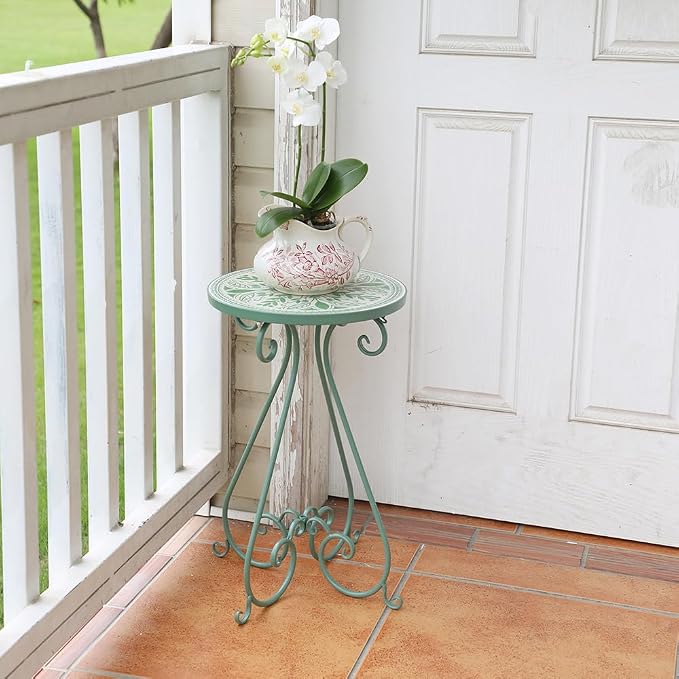 Vintage Outdoor Side Table Round Mosaic Ceramic Tile Top 14" Diameter Metal Plant Stand for Flower Pots Vase Garden Home Porch Pool Indoor Decor Weather Resistant Outside Patio Accent End Furniture