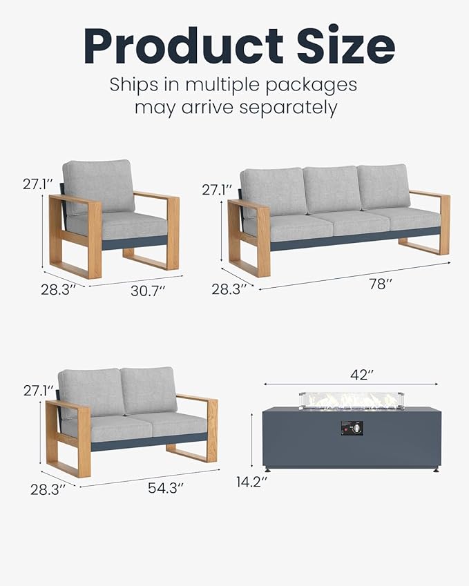 Oversized Aluminum Outdoor Patio Furniture Set, 7-Piece Modern Sectional Conversation Sets with Fire Pit Table, Wide Seat and Thick Cushions