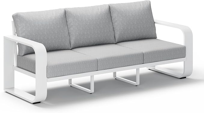 Aluminum Outdoor Patio Couch, 3 Seats Oversized Patio Sofa with Widened Armrest & Ultra-Thick Cushions, Deep Seating Modern Patio Furniture for Backyard, Deck, White