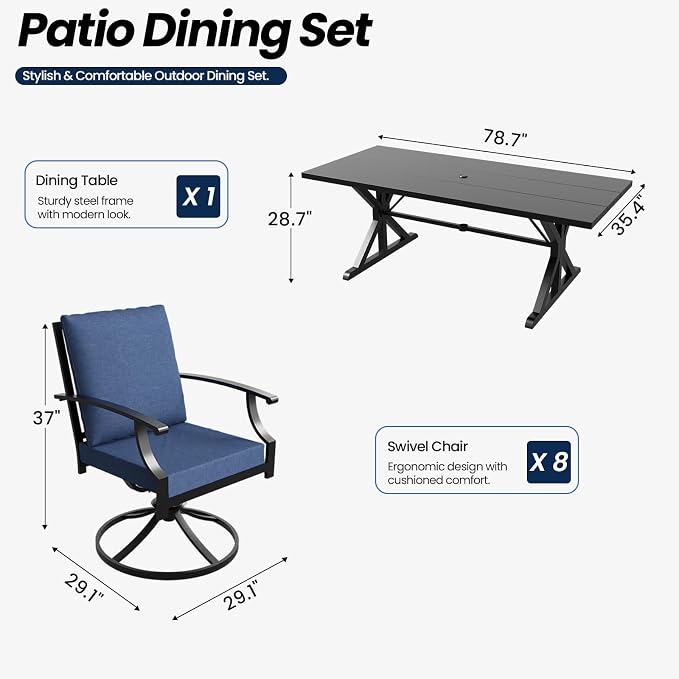 9 Piece Outdoor Dining Set for 8, Metal Patio Table and Chairs with Cushions, Patio Furniture Set with 8 Swivel Chairs, Rectangular Metal Dining Table with Umbrella Hole, Lawn Deck Yard-Navy