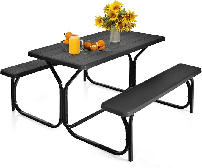 MEDIMALL Picnic Table, Portable Bench Set with Plastic Top & Metal Frame, All-Weather Large Camping Table for Outdoors, Backyard, Garden (Black)