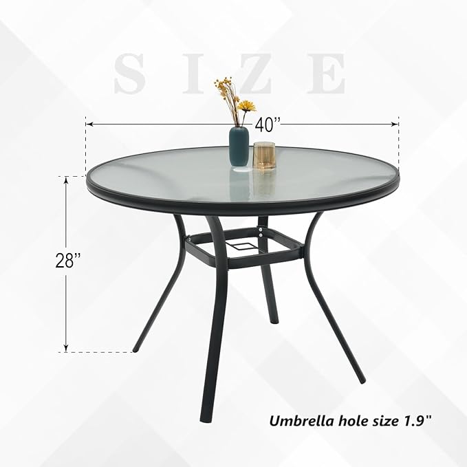 Outdoor Patio Set, 40"x 40"x 28" Round Glass Dining Table and 4pcs Swivel Chairs, All-Weather Patio Furniture Set with 1.7" Umbrella Hole for Garden Backyard Lawn Poolside