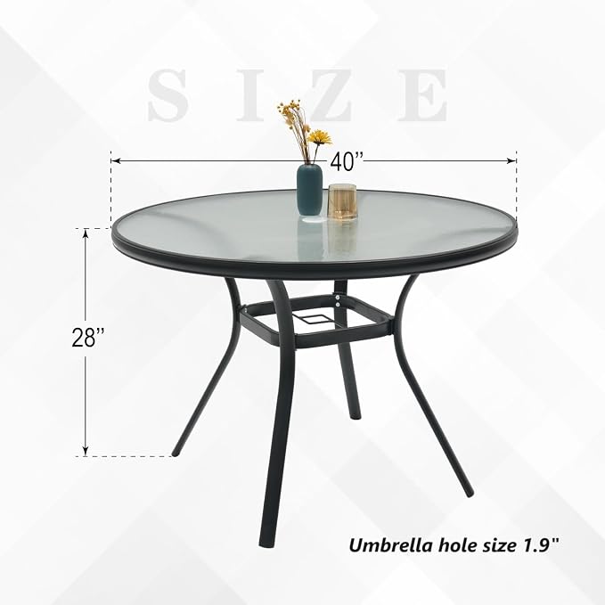 Outdoor Patio Set, 40" Round Glass Dinging Table and 4pcs Swivel Chairs, All-Weather Patio Furniture Set with 1.7" Umbrella Hole for Garden Backyard Lawn Poolside
