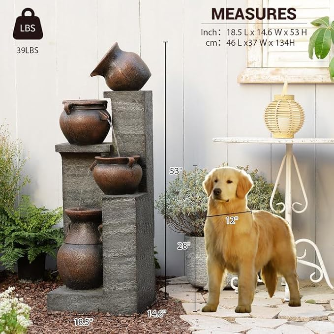 Bumilgar 53" H Large Water Fountain Outdoor - The 4 Cascading Modern Feature Crocks Garden Fountains and Waterfalls with Warm Lights for Porch, Deck, Patio, Backyard Home Décor (Gray)